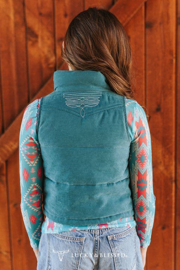 Girls Jade Puffer W Aztec Lining Boot Stitch Detail Vest