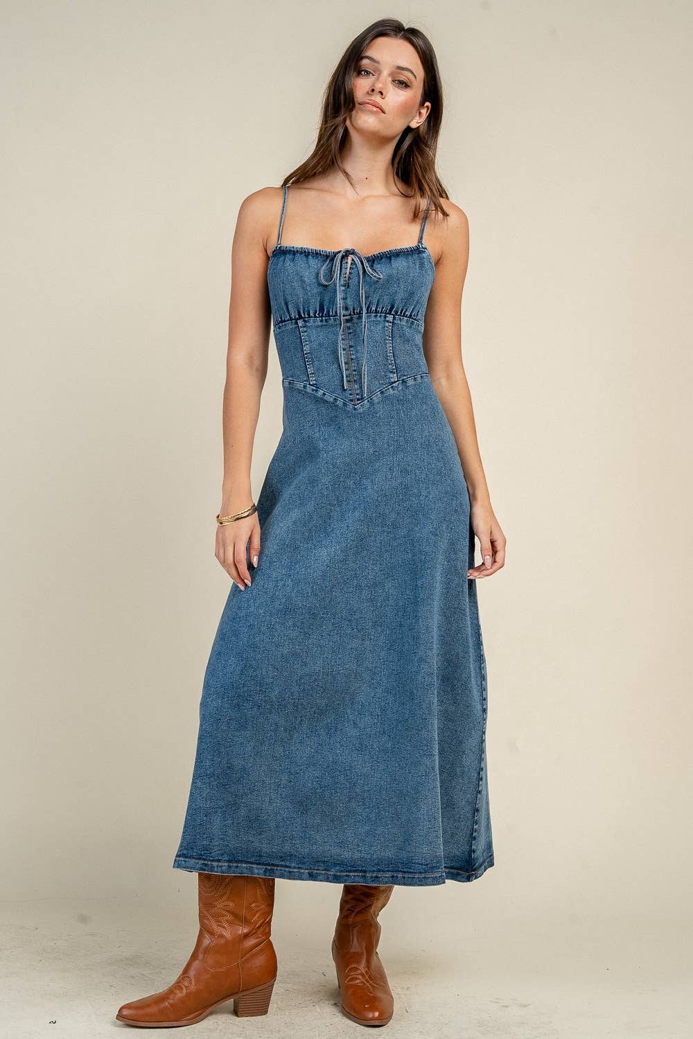 SLEEVELESS DENIM MIDI DRESS