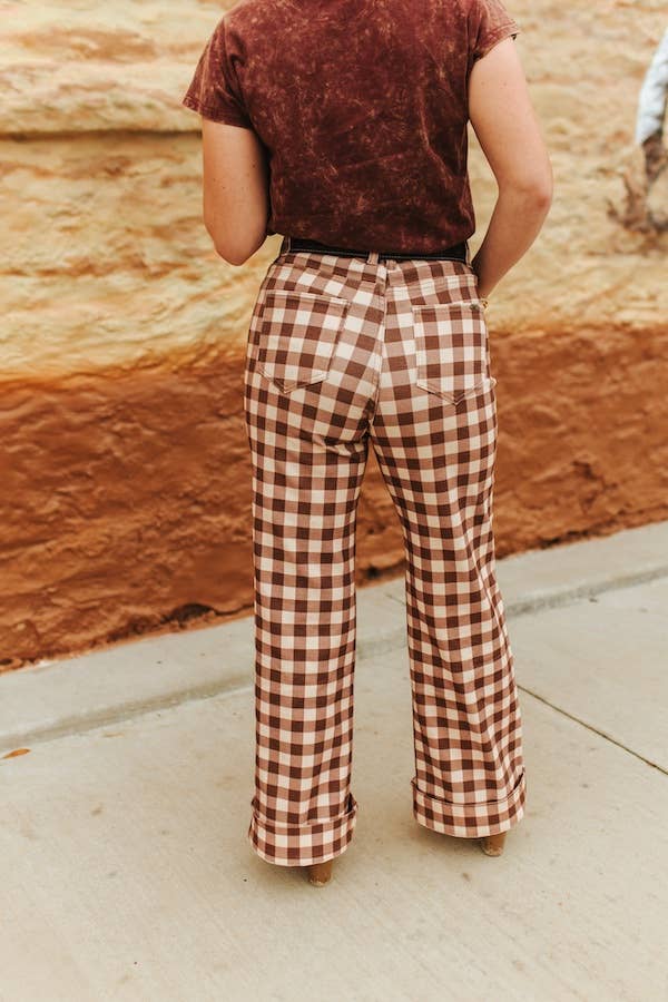  Brown Plaid Western Arrow Pocket High Rise Wide Leg Jeans