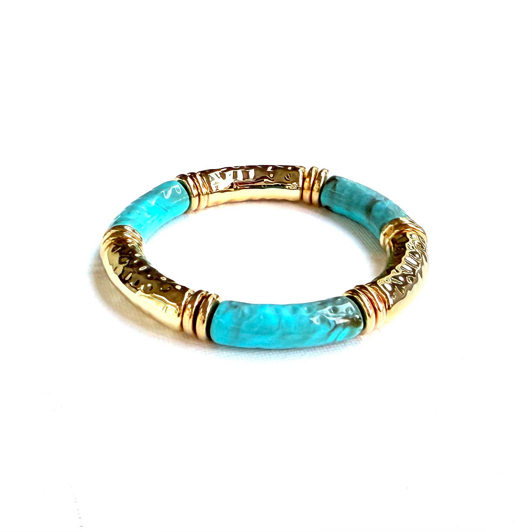 .Acrylic Tube Bamboo Stretch Bracelet Turquoise & Gold