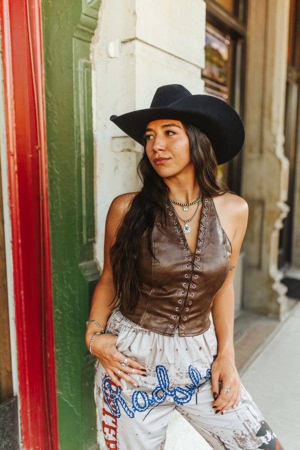 Brown Faux Leather Lace-Up Halter Top