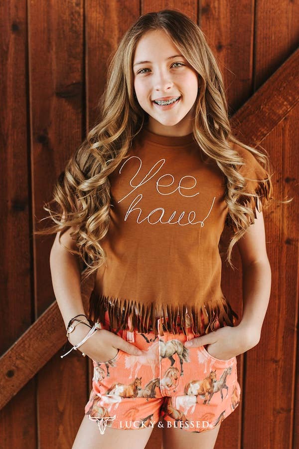 Girls Camel Yee Haw Thick Embroidered Fringe Hem Shirt
