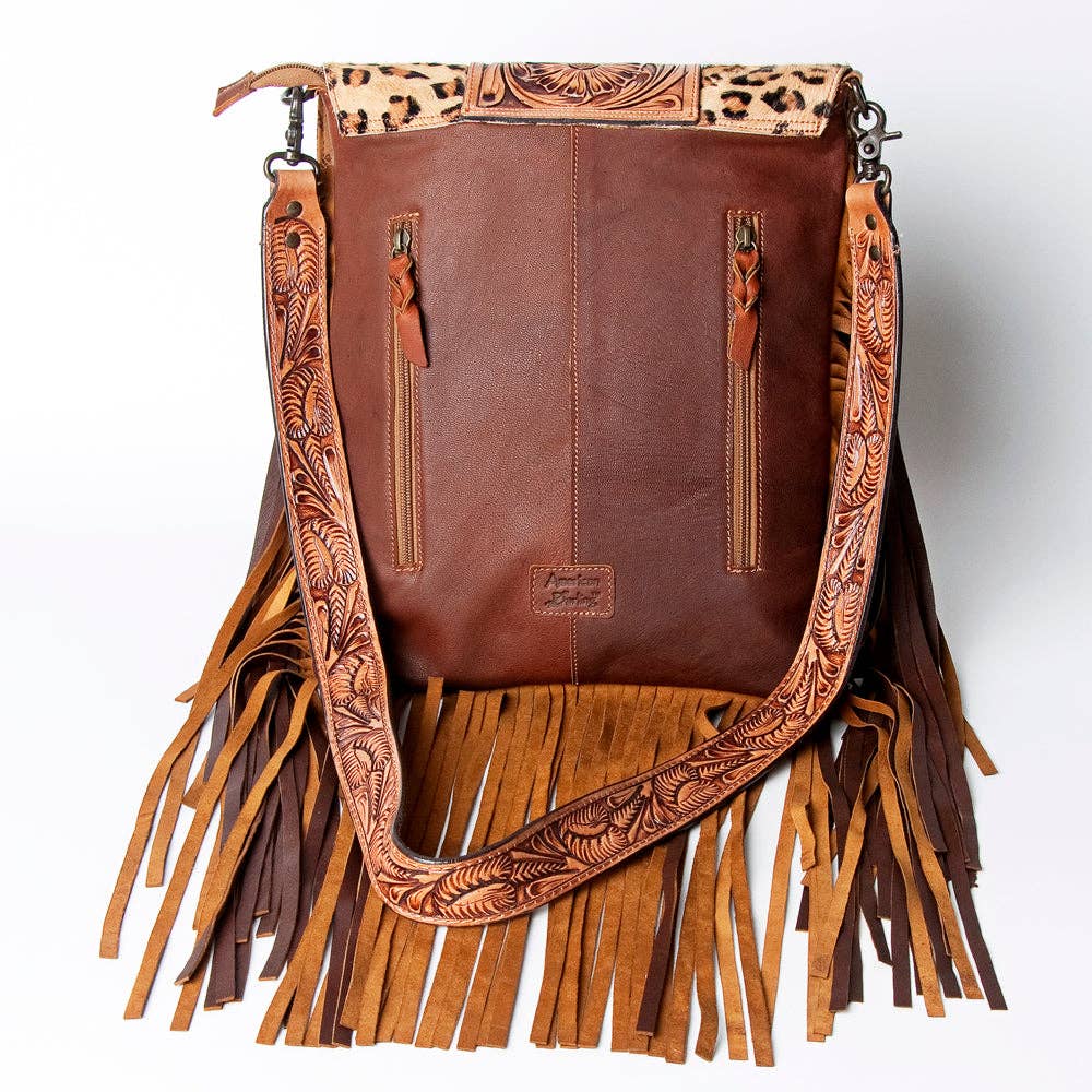 Leopard Print Messenger Bag with Fringe and Tooled Leather Flap