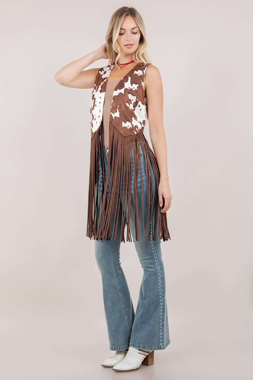 BROWN COW PRINT LONG FRINGE FAUX SUDE VEST
