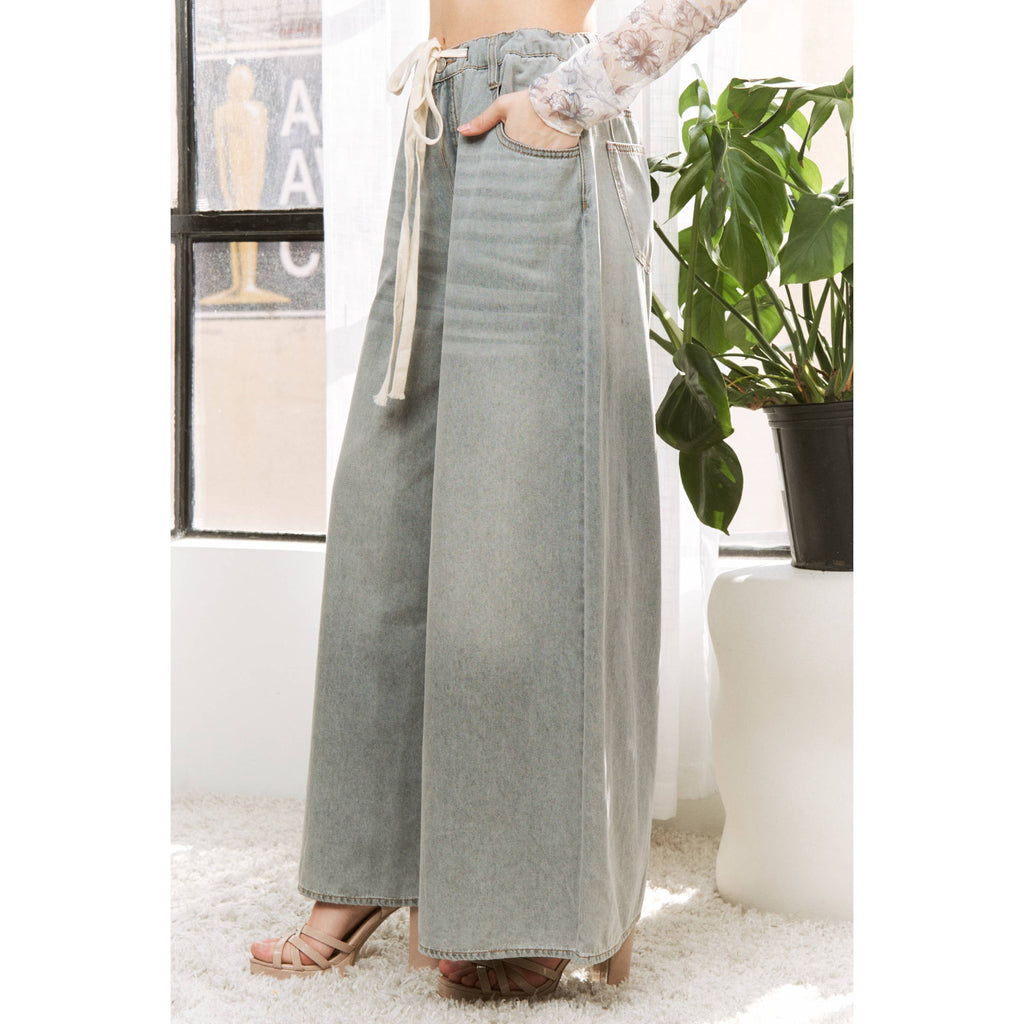 DENIM WIDE LEG OPENING PANTS WITH DRAWSTRING