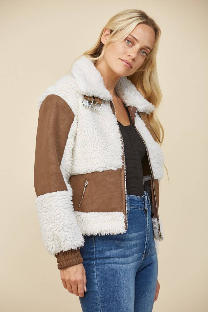 FAUX LEATHER SHEARLING MOTO JACKET