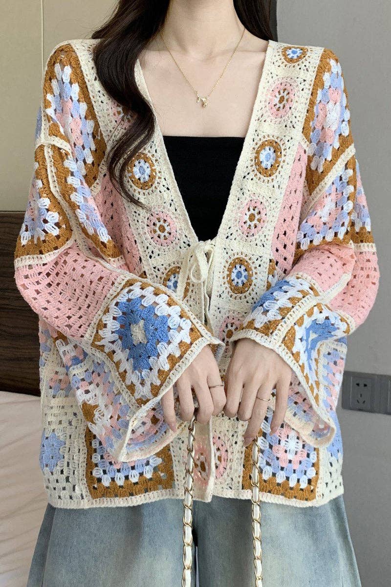 Crochet Hollow Tie Front Knit Cardigan