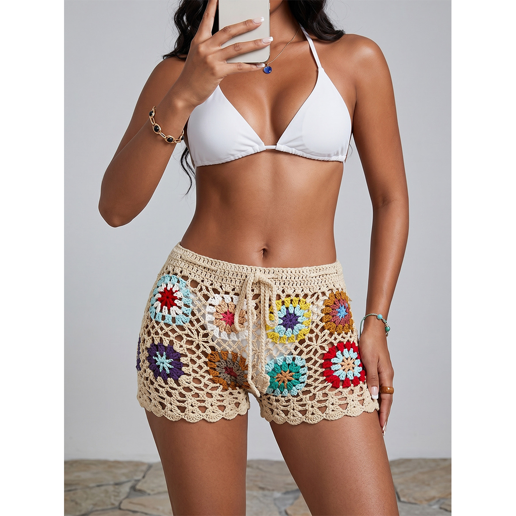 Hand-Crocheted Granny Square Bodycon Low-Waist Shorts