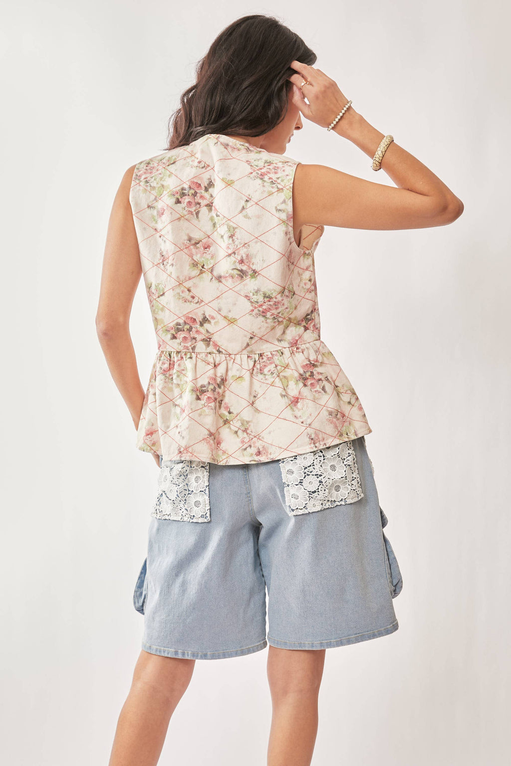 Garden Floral Print Tie Front Peplum Vest Top