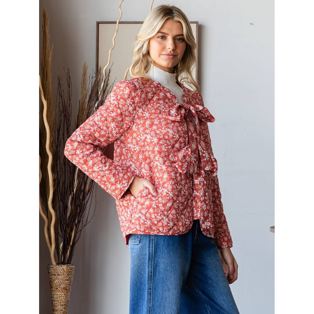 Floral Quilt Front Ribbon Jacket