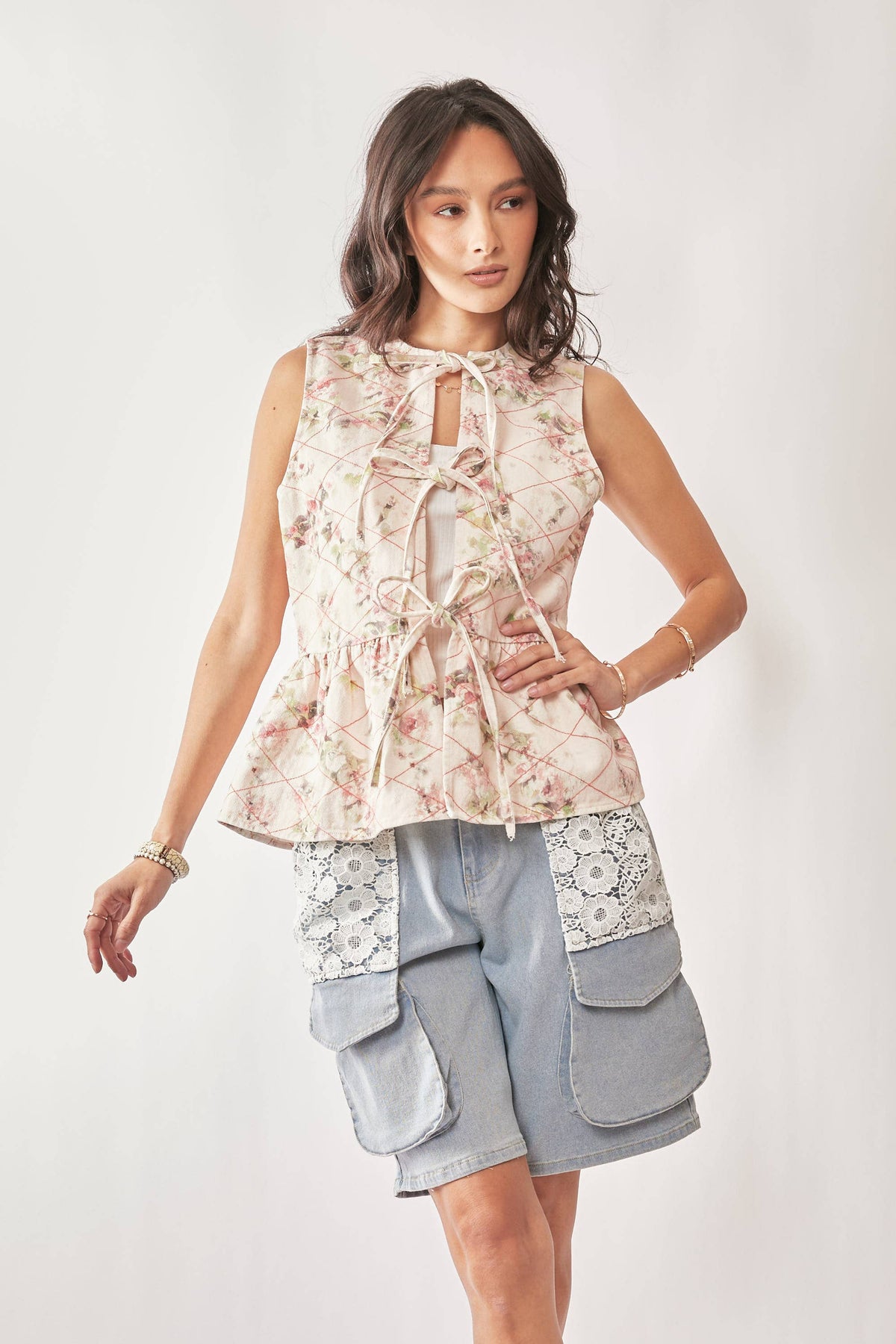 Garden Floral Print Tie Front Peplum Vest Top