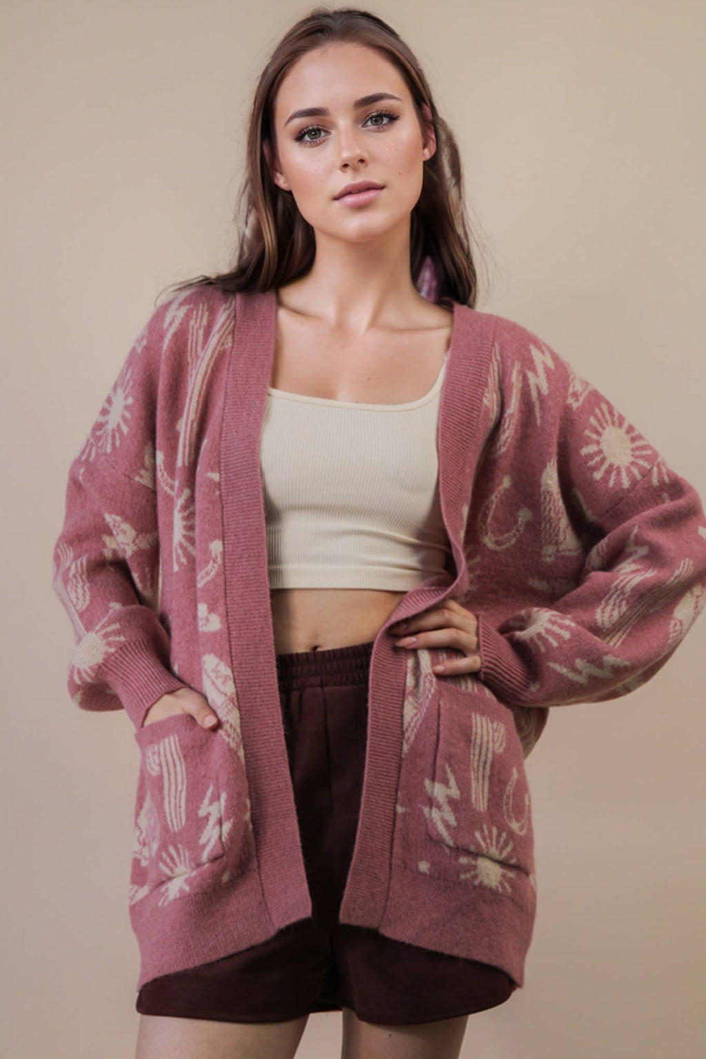 Oversized Western Graphic Knit Sweater Cardigan