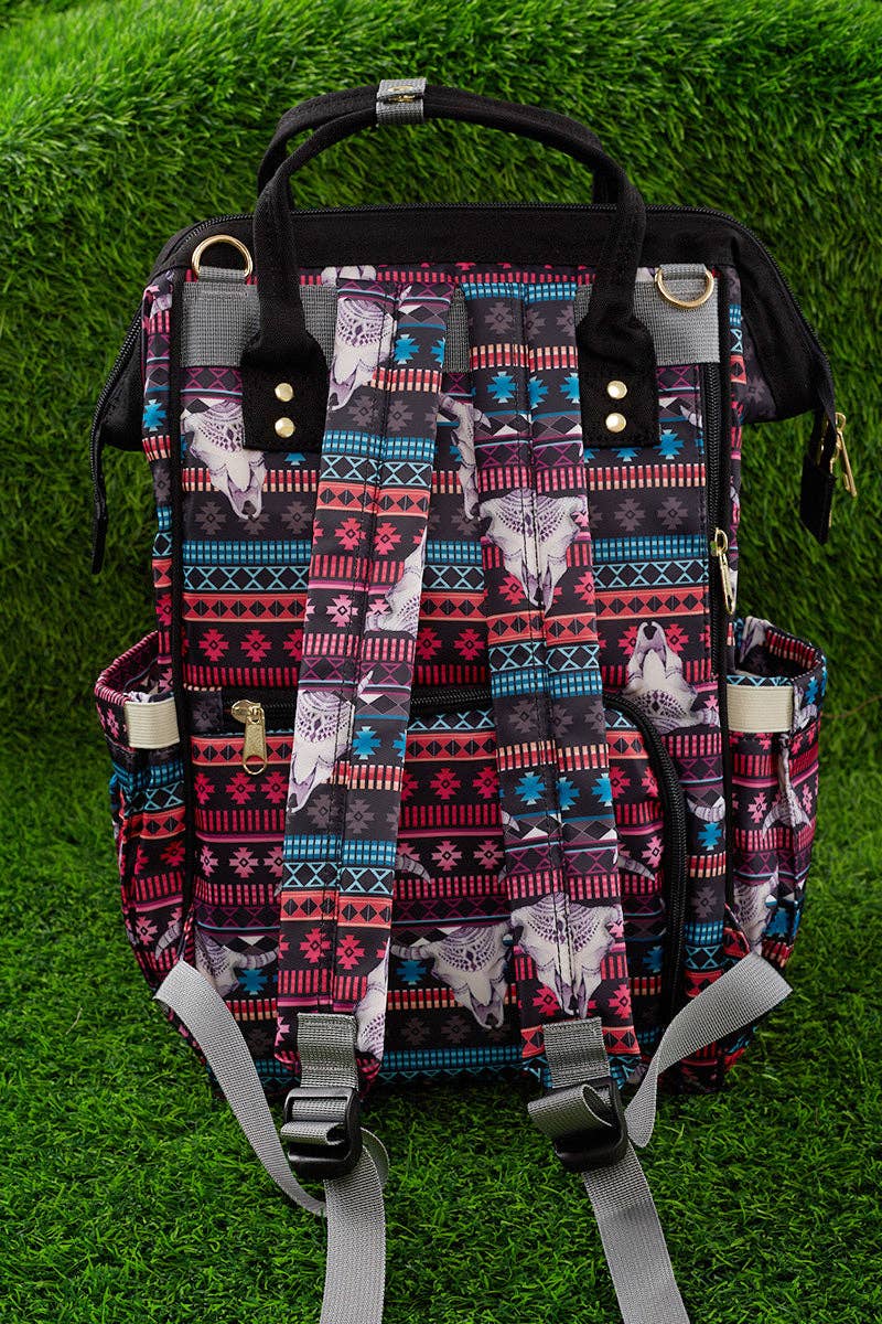 Bull skull with geometric print diaper bag.
