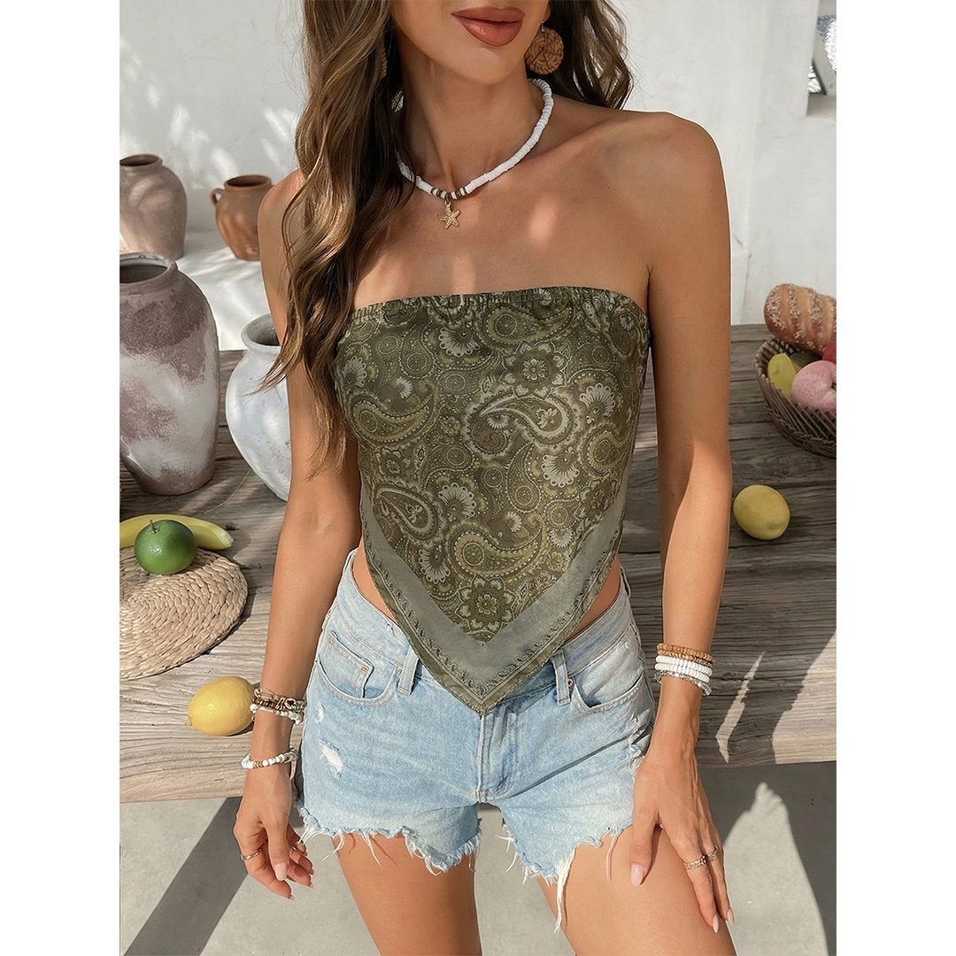Retro Ethnic Boho Paisley Strapless Tube Top