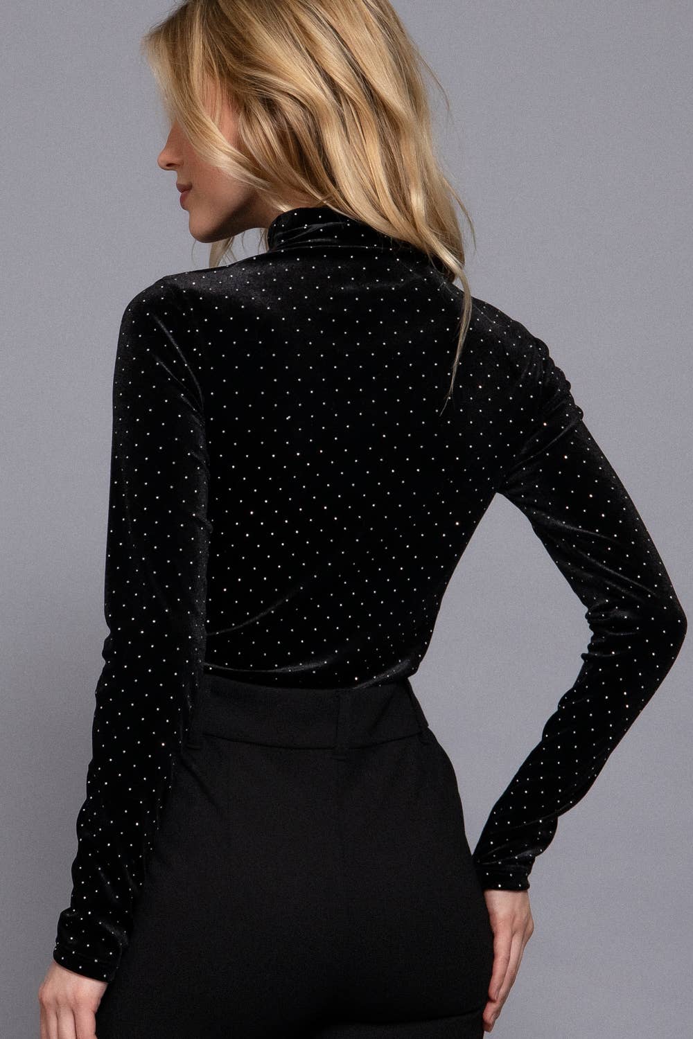 Long Sleeve High Neck Rhinestone Velvet Bodysuit