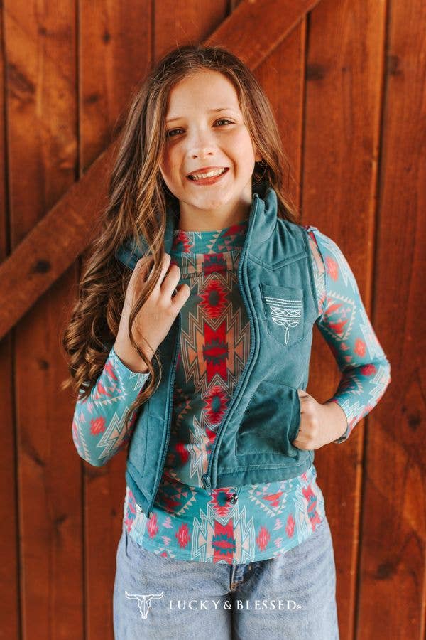 Girls Jade Puffer W Aztec Lining Boot Stitch Detail Vest