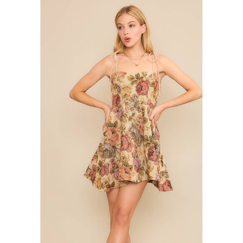 VINTAGE TANK MINI FLARE DRESS WITH JAQUARD FLOWER PRINT