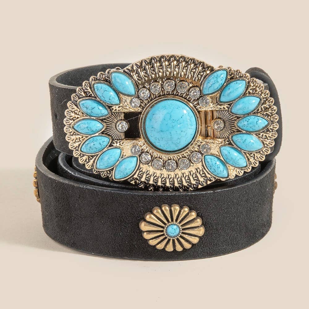 Faux Leather Turquoise Concho Buckle Belt