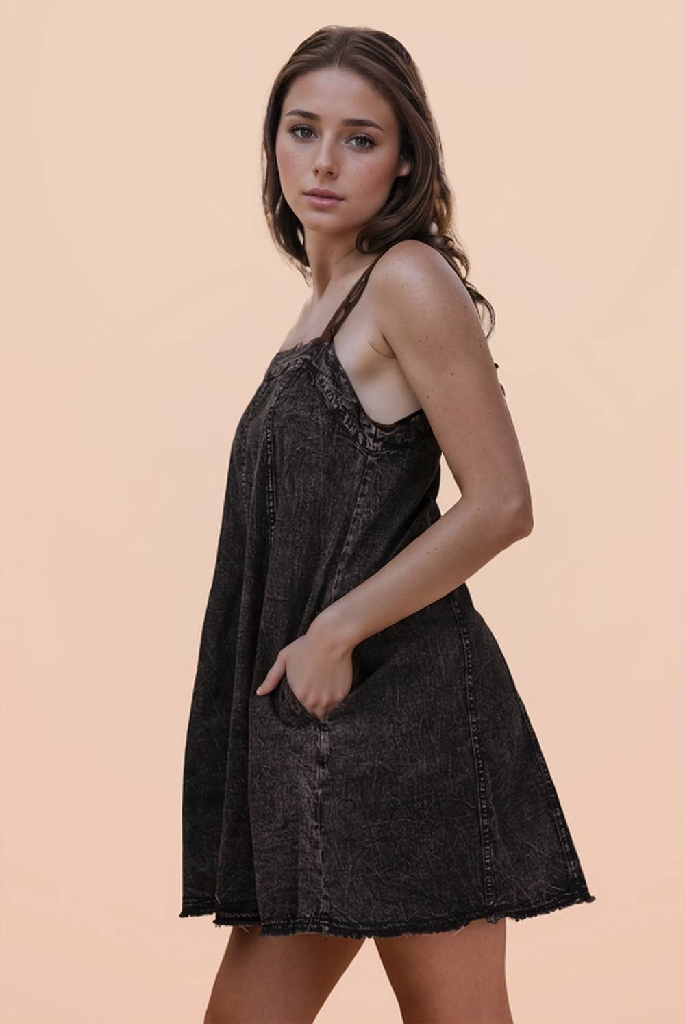 Washed Denim Mini Dress W/ Back Tie