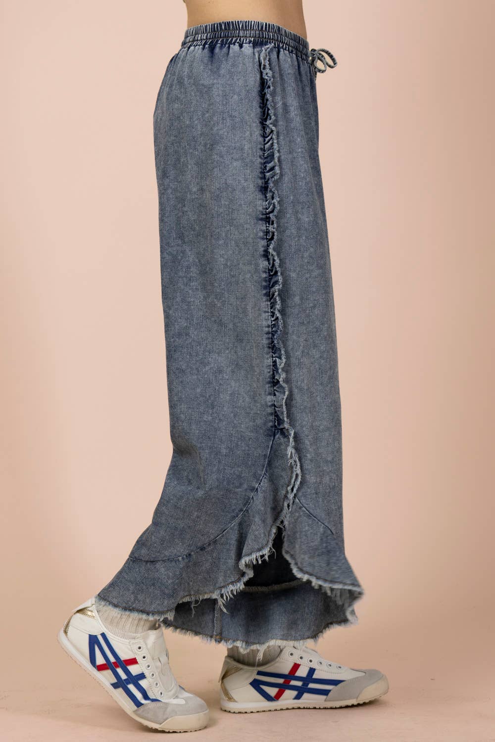 Ruffle Frayed Hem Washed Chambray Pants