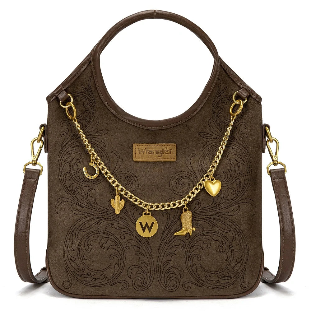 Wrangler Charm Chain Hobo Tote Bag - Coffee