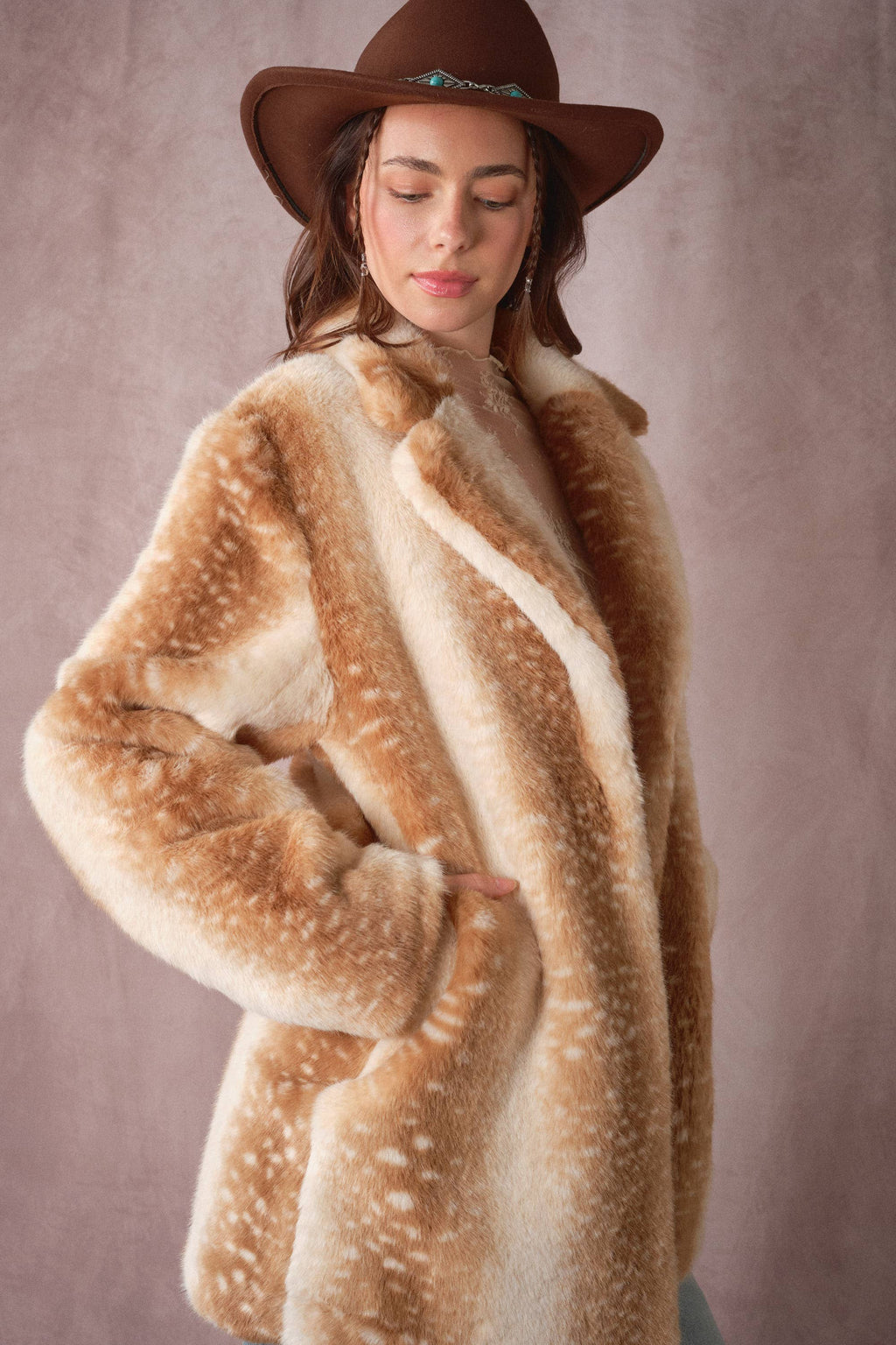 Deer Print Faux Fur Coat