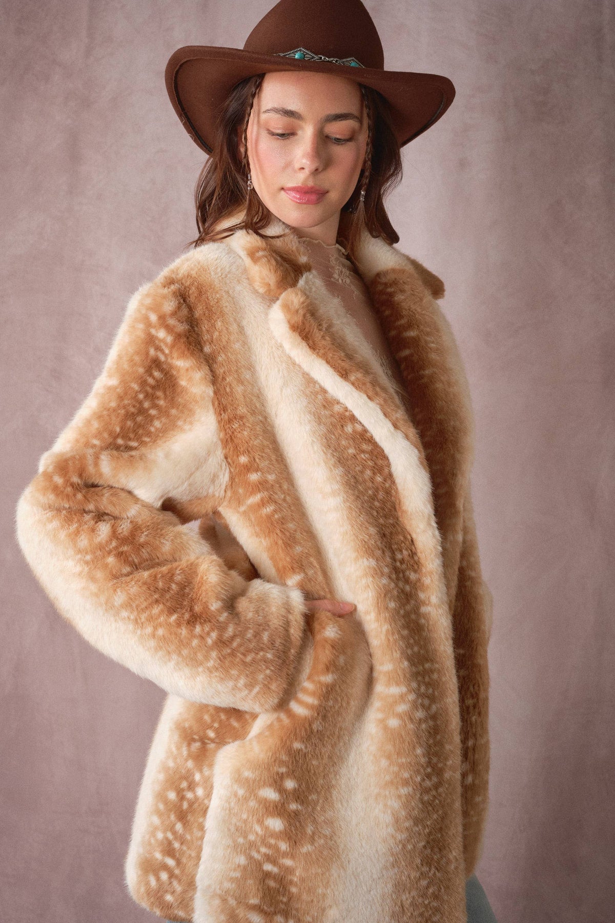 Deer Print Faux Fur Coat