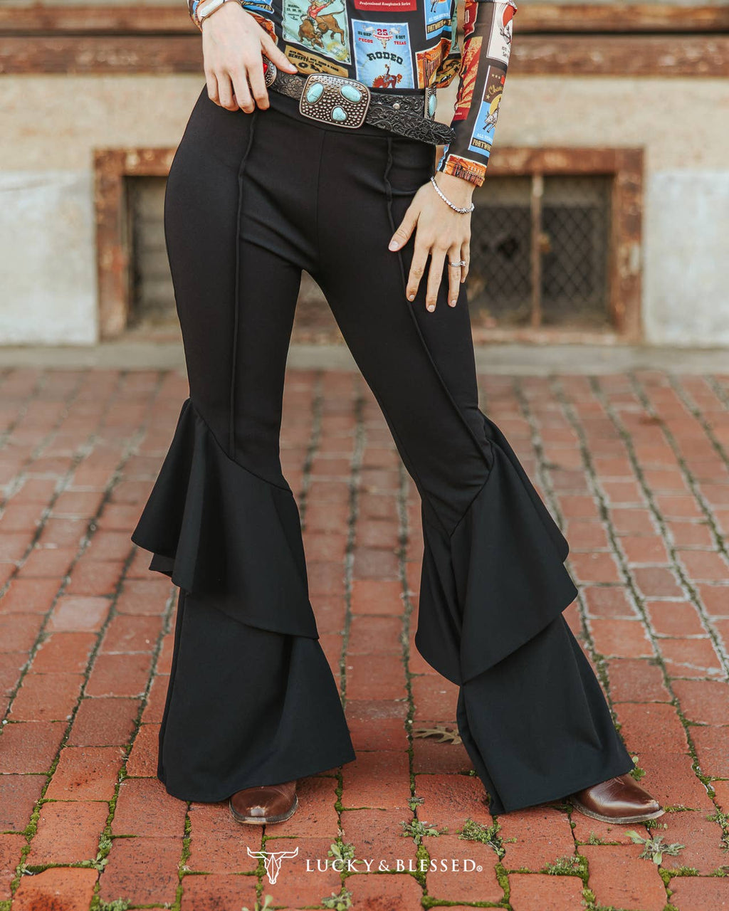 Black Stretchy Flare Pants With Ruffle