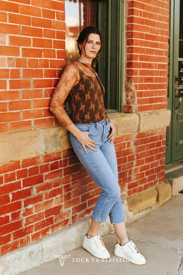 Brown Lace Mesh Long Sleeve Stretch Top