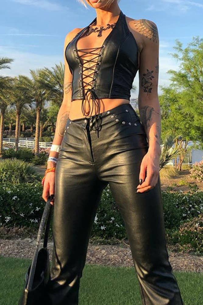 Black PU Criss-Cross Halter Backless Crop Top