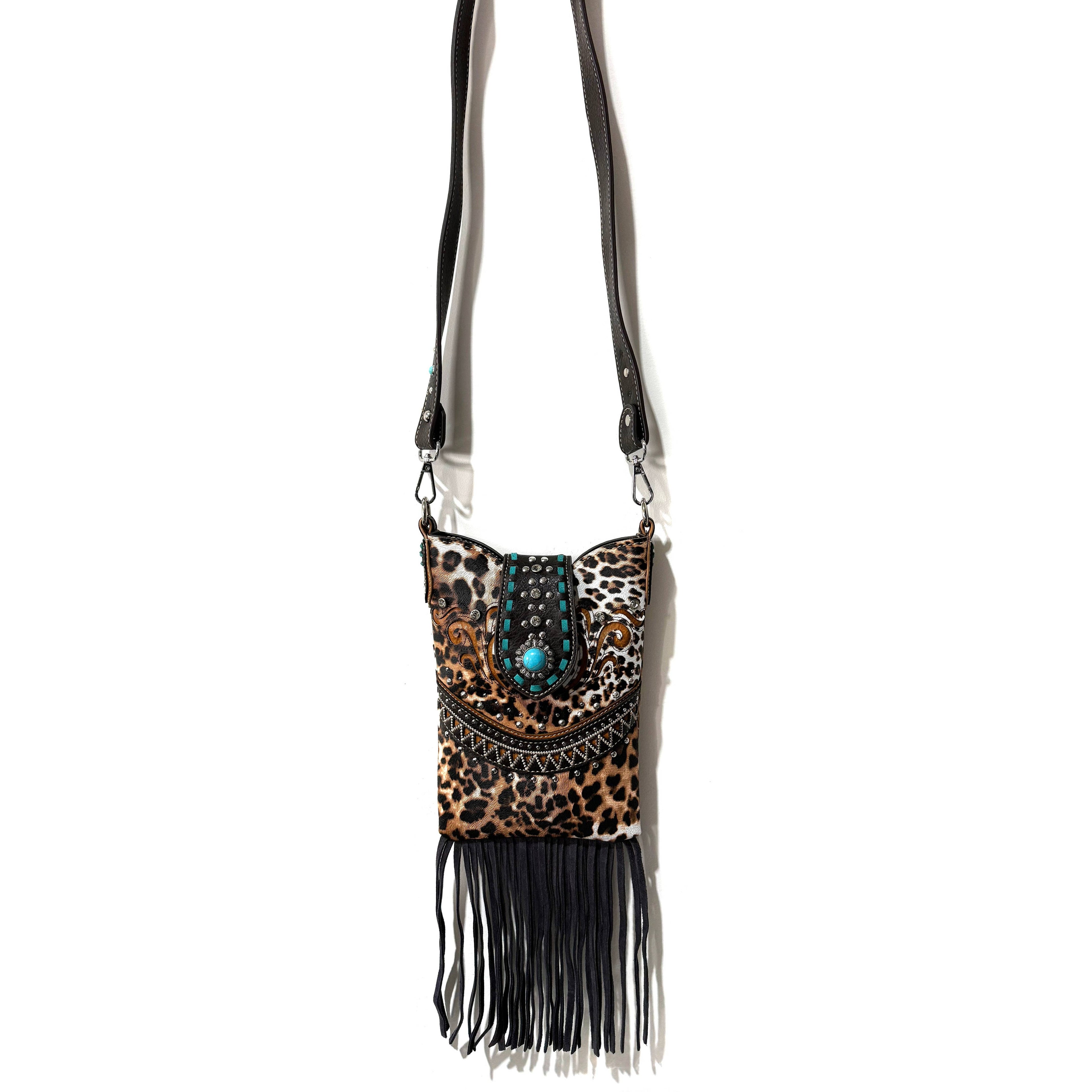 Bella Leopard Print Fringe Western Crossbody Messenger Pouch