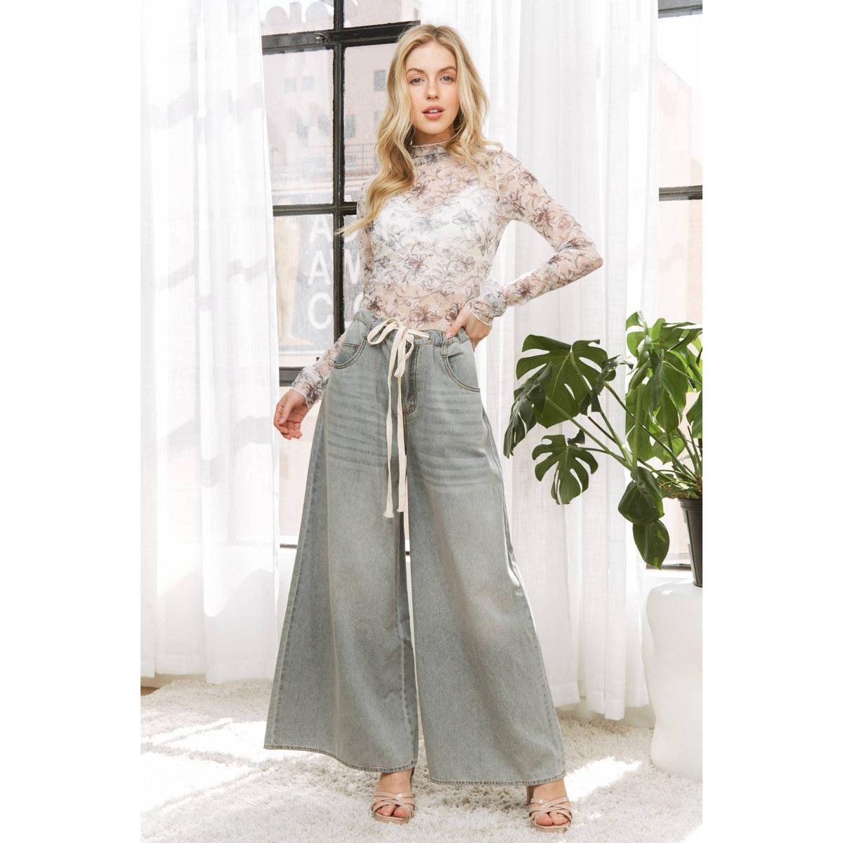 DENIM WIDE LEG OPENING PANTS WITH DRAWSTRING
