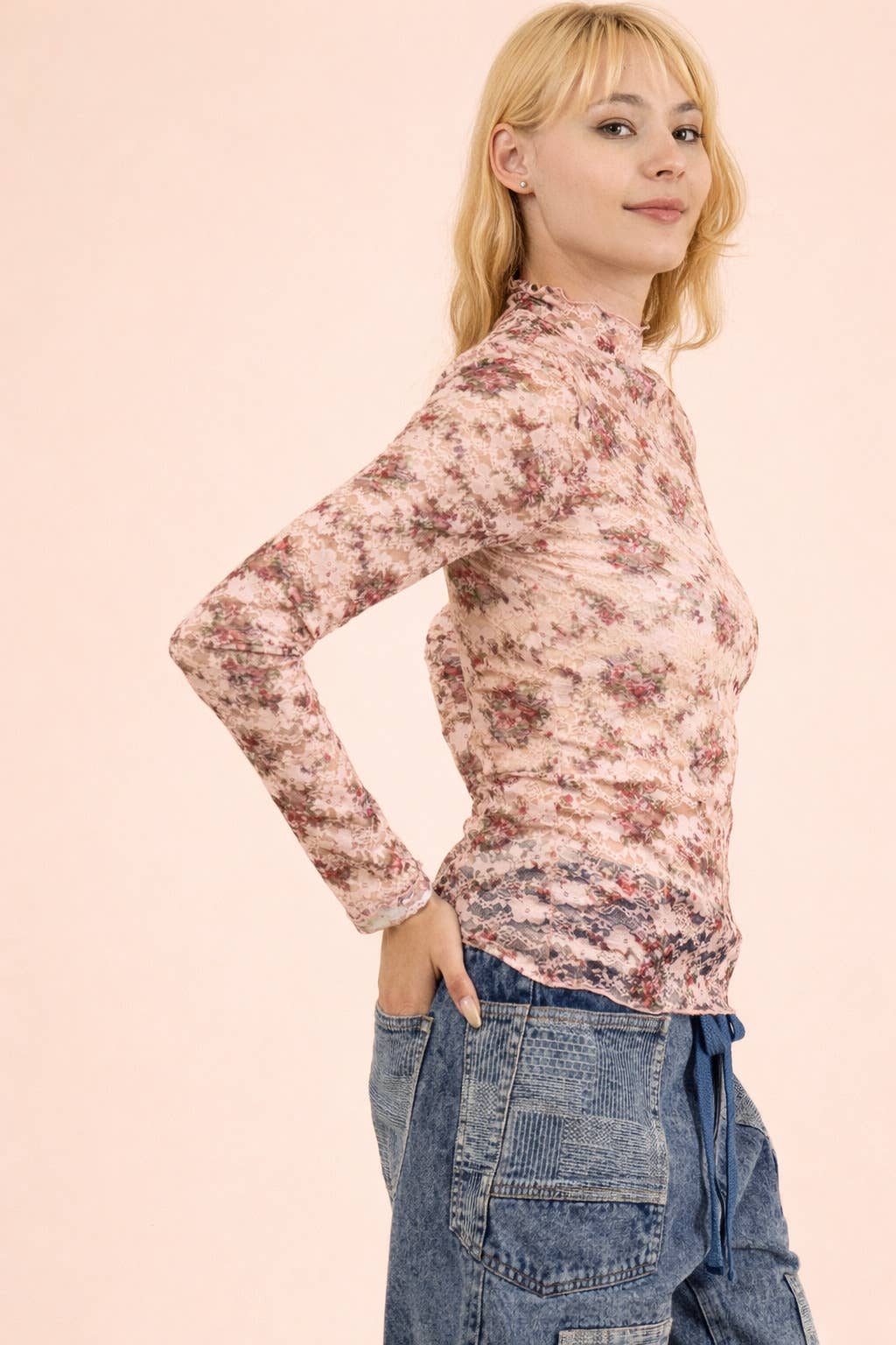 High Neck Fitted Sheer Mesh Lace Knit Top