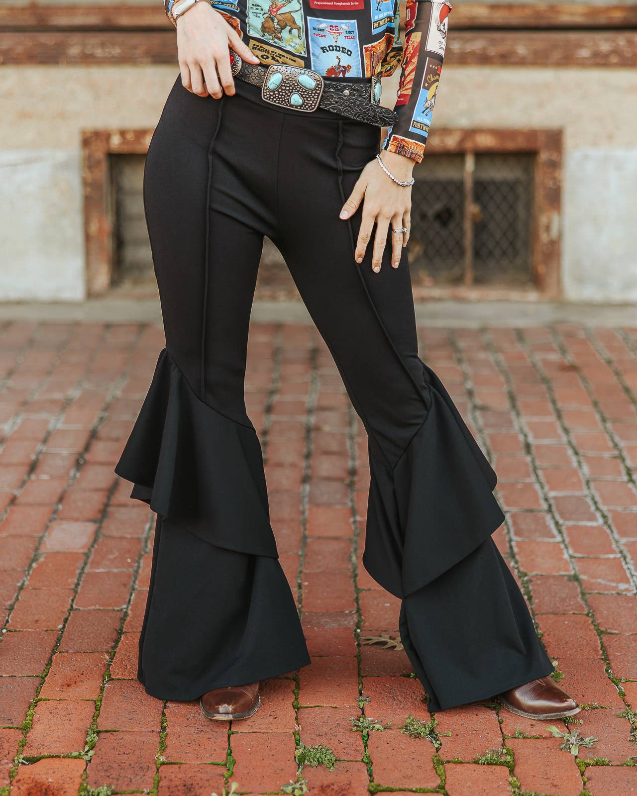 Black Stretchy Flare Pants With Ruffle