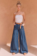 BOHO PLEATED WIDE-LEG DENIM PALAZZO PANTS