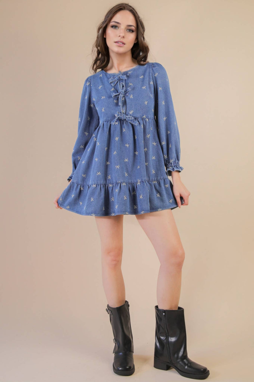 Soft Washed Denim Cherry Casual Mini Dress