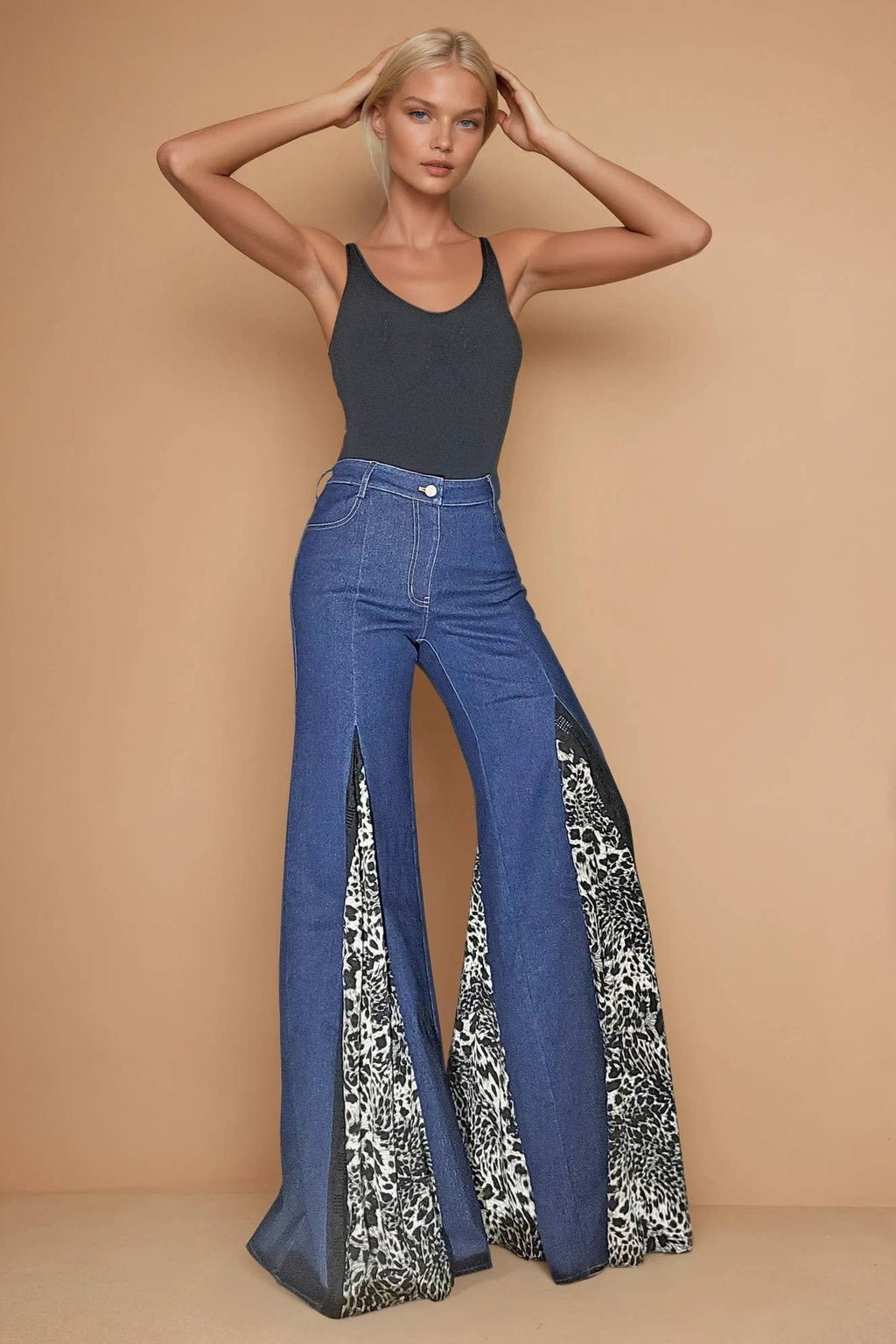 LEOPARD AND LACE WIDE LEG BOHO DENIM JEANS