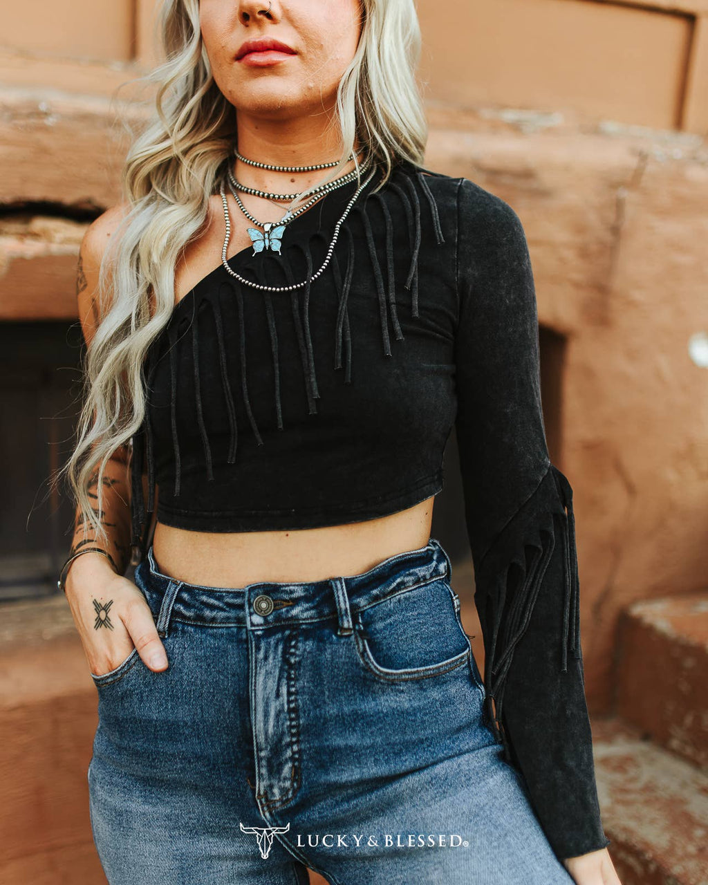 Black Mineral Wash Fringe Detail Crop Top