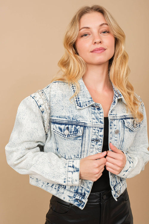 Acid Washed Shoulder Beading Denim Jacket