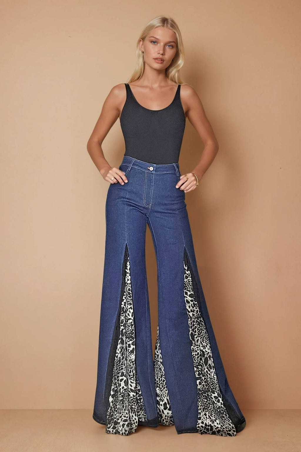 LEOPARD AND LACE WIDE LEG BOHO DENIM JEANS