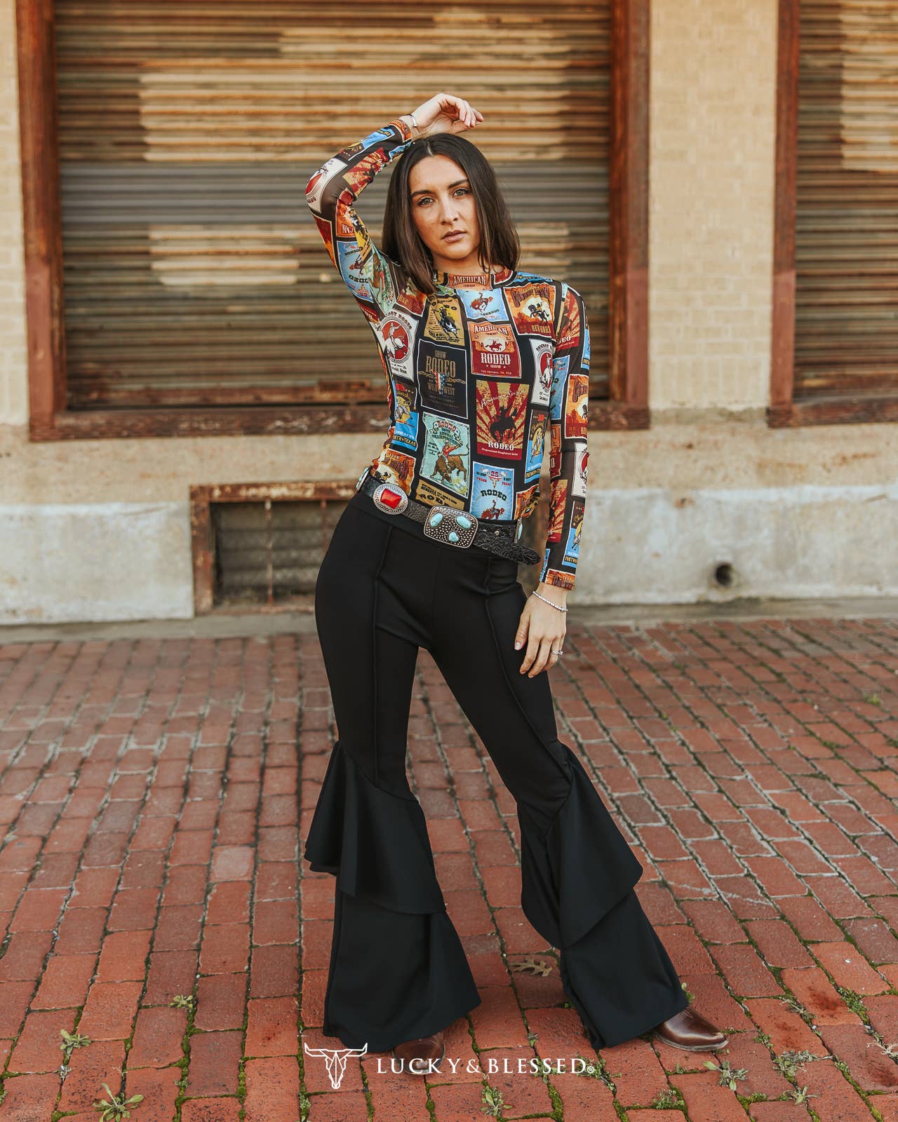 Black Stretchy Flare Pants With Ruffle