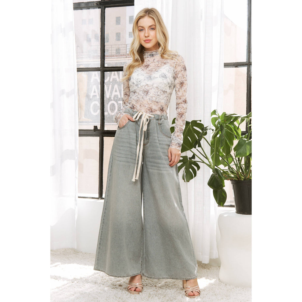 DENIM WIDE LEG OPENING PANTS WITH DRAWSTRING