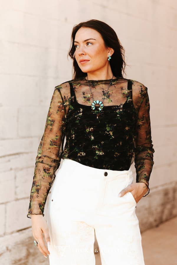 Camo Printed Lace Long Sleeve Stretch Top
