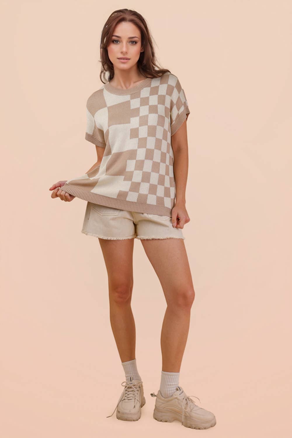 Dolmen Sleeve Checkered Knit Casual Sweater Top