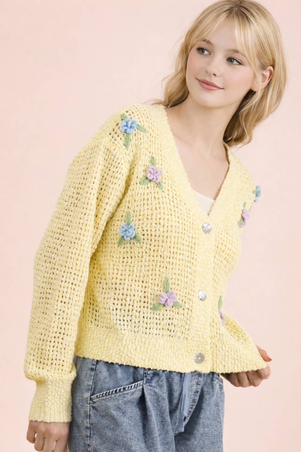 Flower Detail Button Down Knit Sweater Cardigan