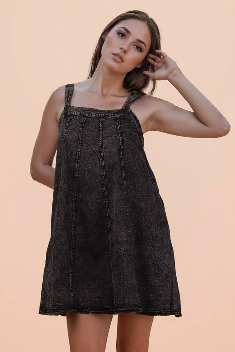Washed Denim Mini Dress W/ Back Tie