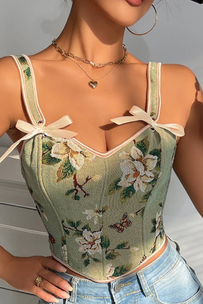 French Bow Tie Floral Print Slim-Fit Tank Top