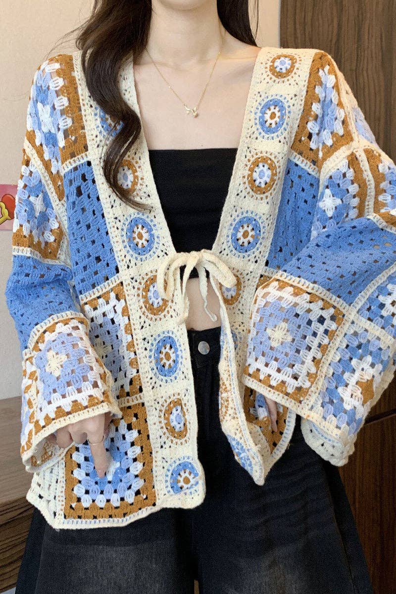 Crochet Hollow Tie Front Knit Cardigan