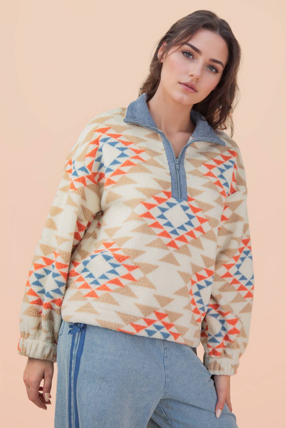 Half Zip Up Aztec & Teddy Bear Graphic Fleece Top