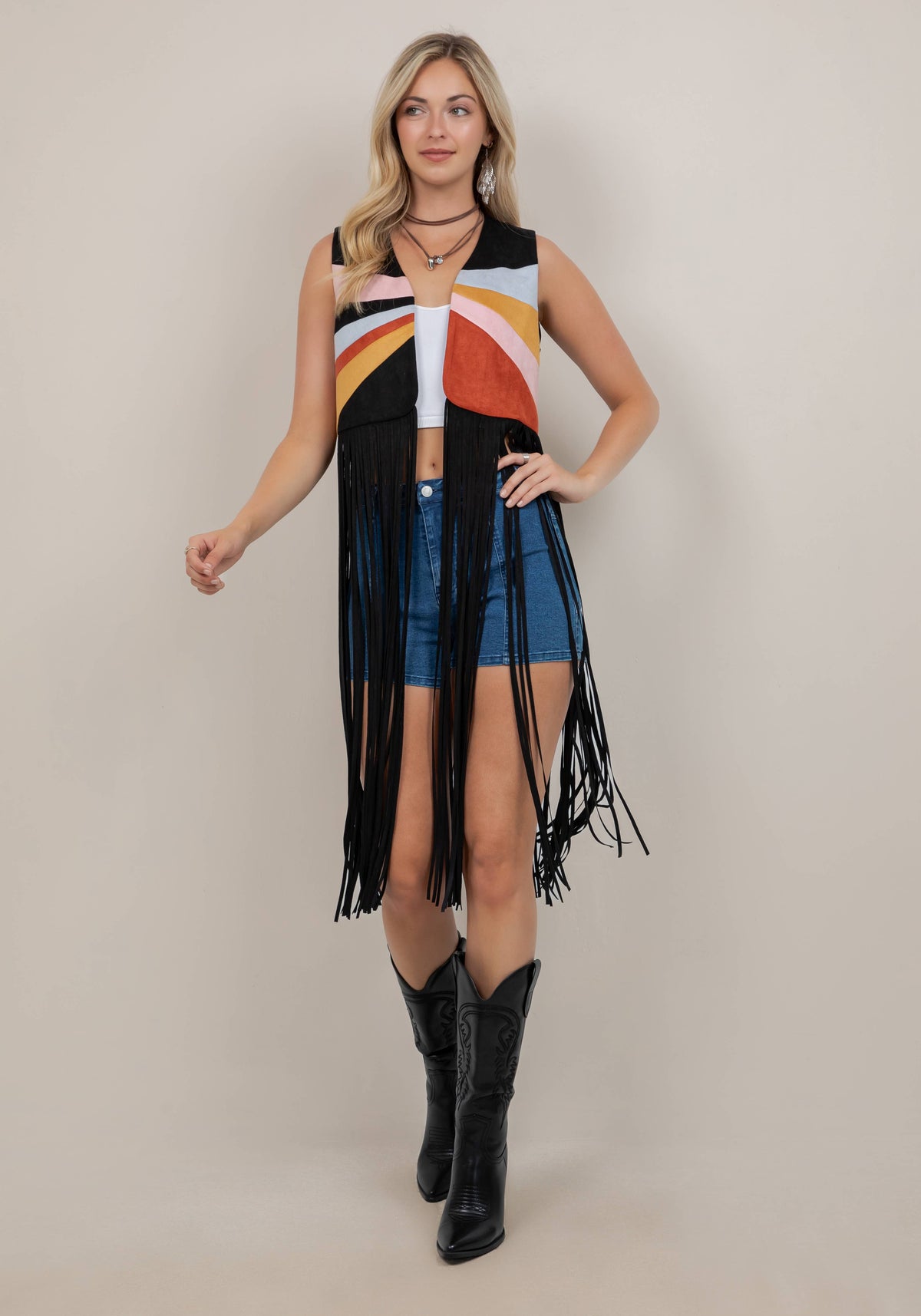 BLACK MULTI COLOR PATCH LONG FRINGE VEST